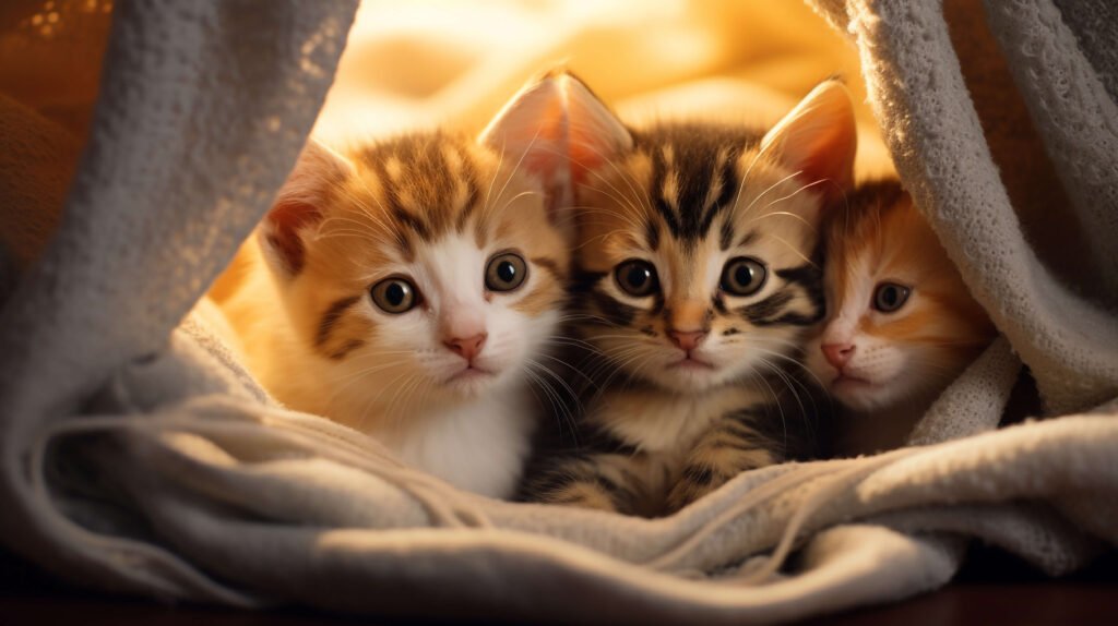 3 kittens on bed