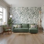 Wall Murals: Living room featuring wallpaper with a light green leaf pattern.