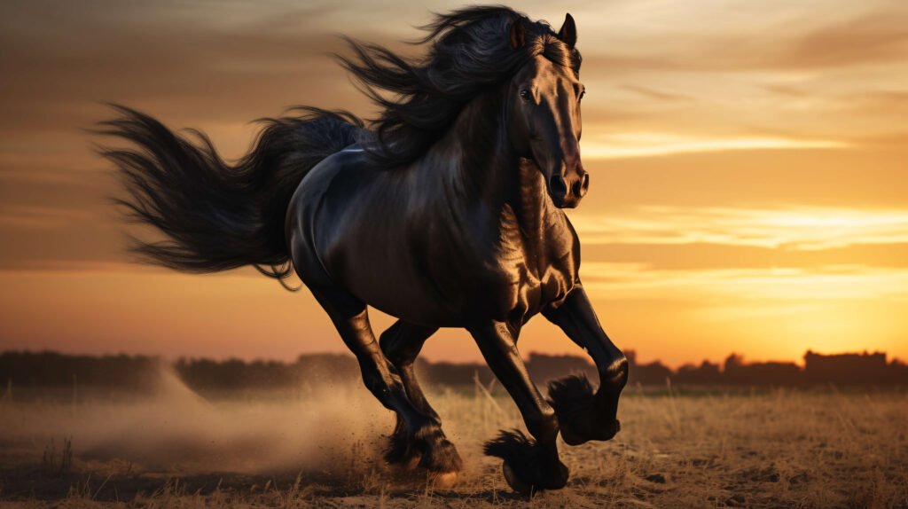black horse galloping sunset