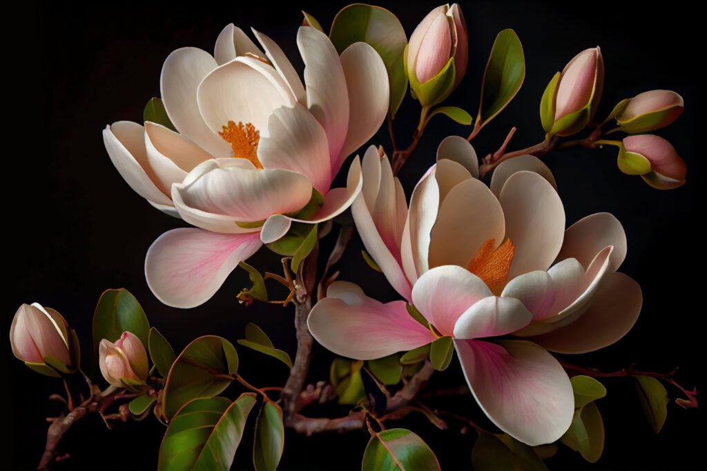2 bloomed white magnolia on black bg