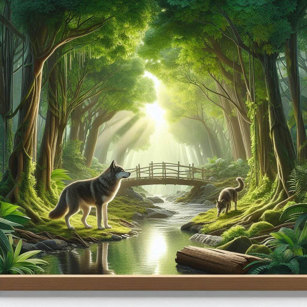 2 wolf on a river in a forest