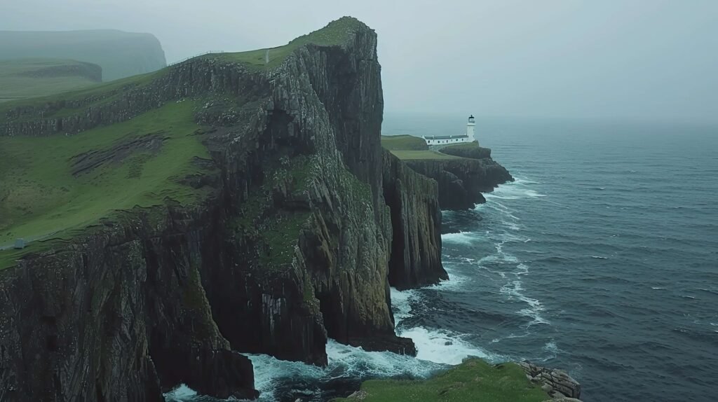 A rocky cliff overlooks the ocean