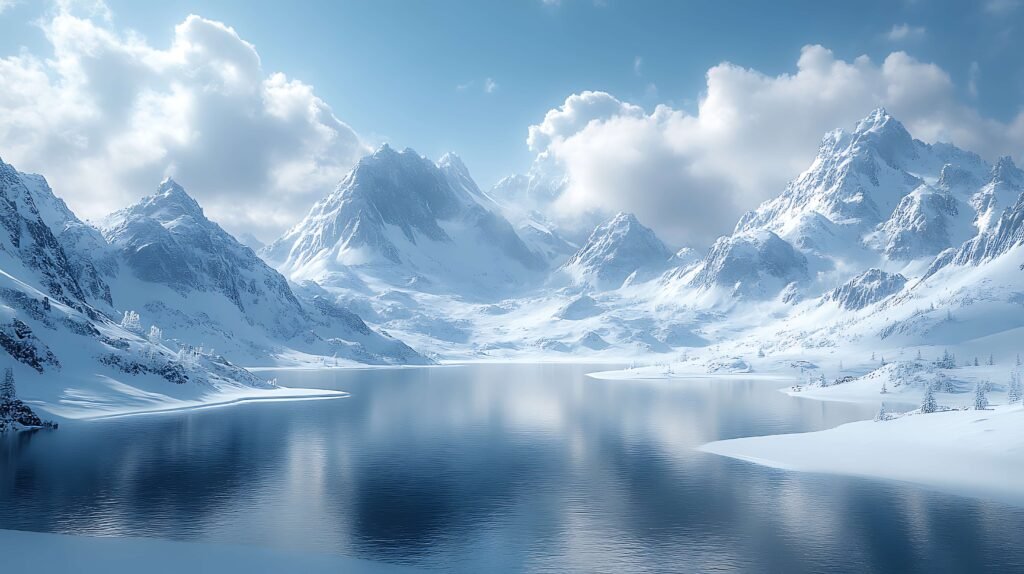 A snowy mountain range with a lake