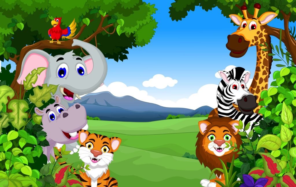 Cartoon animals in forest