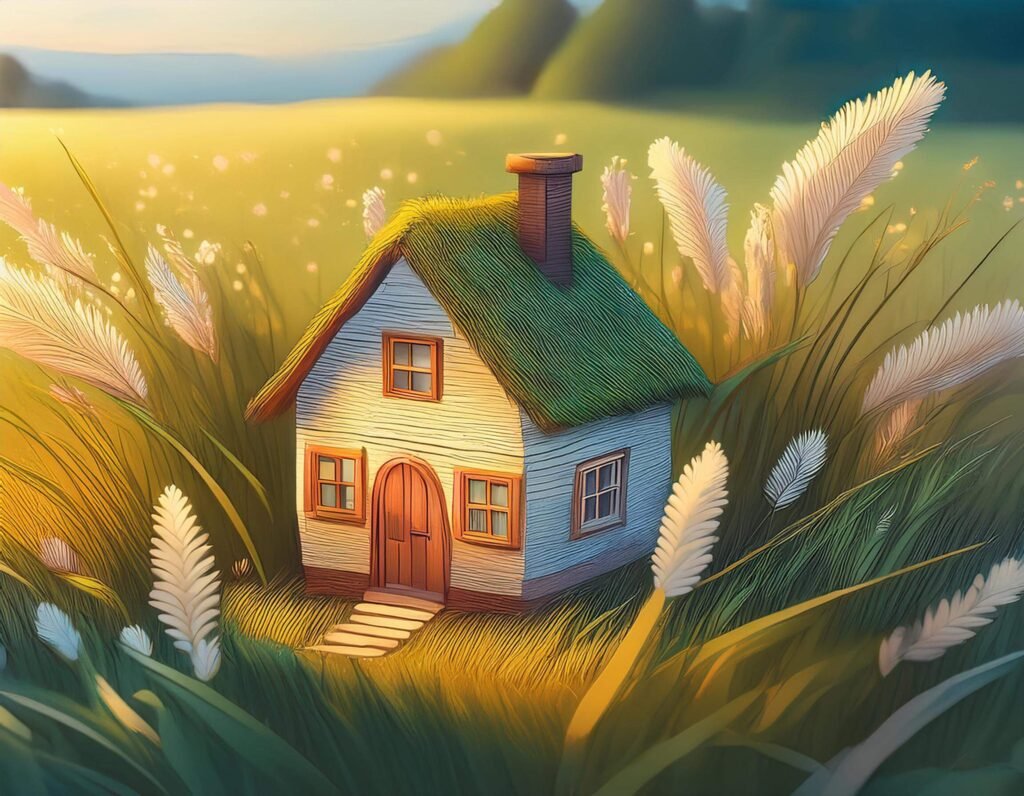 Cartoon house in the field