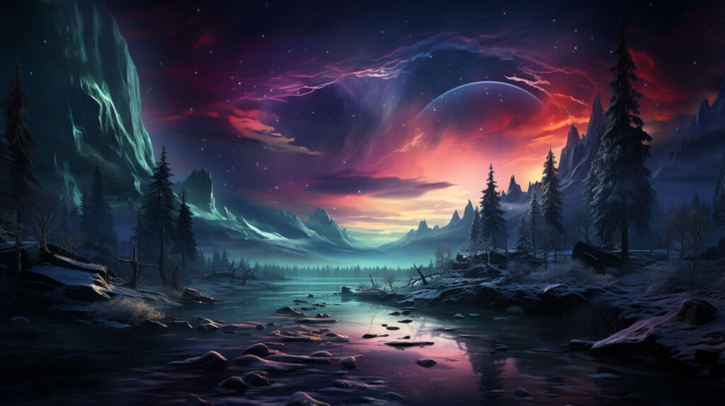 Dark forest with mountain and lake