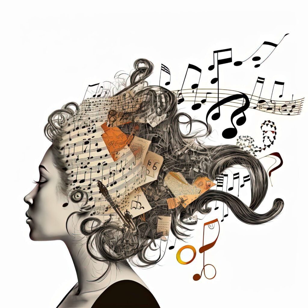 Girl face with music tool collage hairs