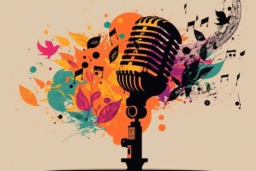 Microphone illustration and abstract musical notes in flat design style