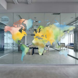 Office window graphics with world map decal
