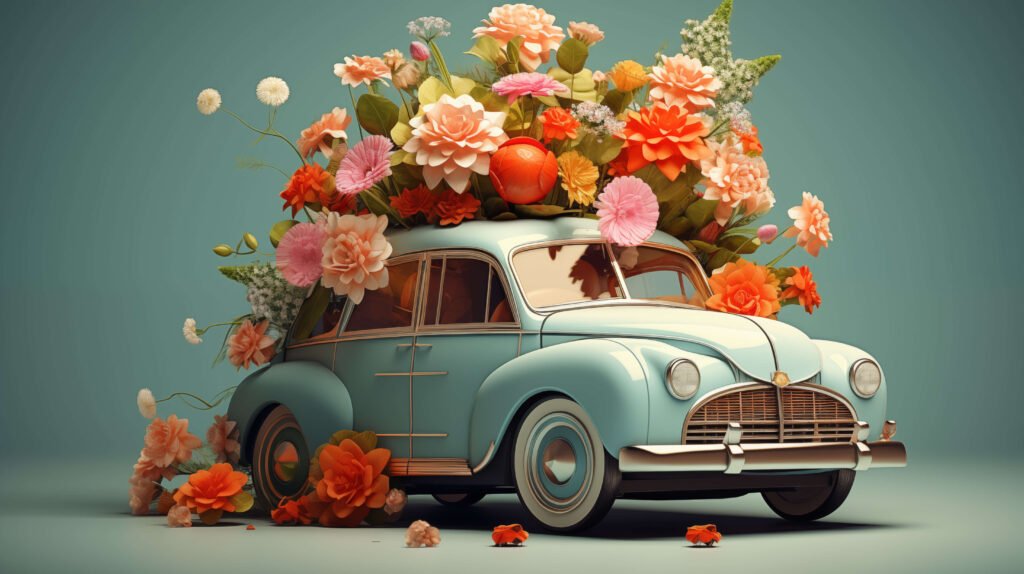 Old bleu car w flowers