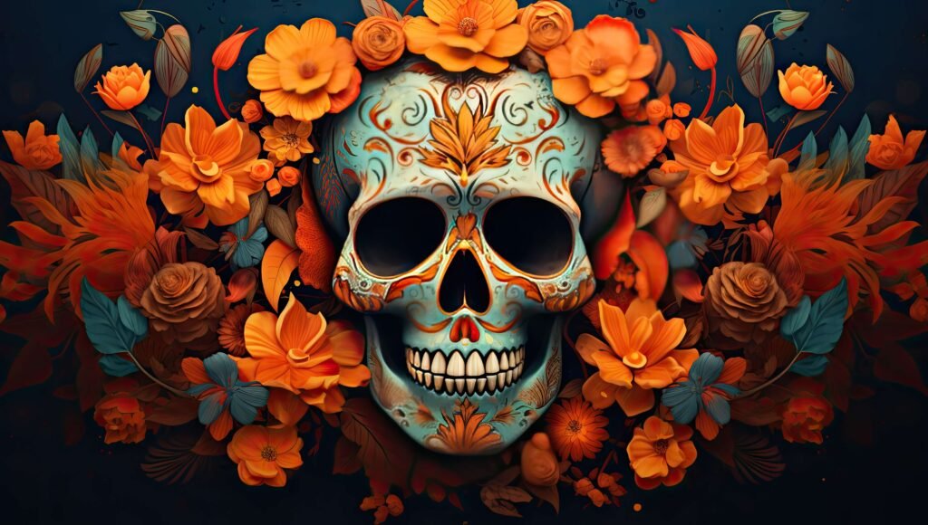 Skull w orange flowers