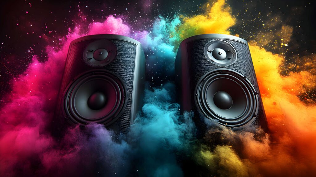 Two speakers surrounded by colorful smoke