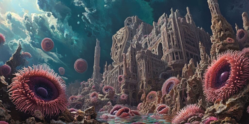 Underwater city ruins with bioluminescent sea life