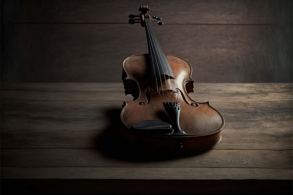Violin On Wooden Floor Dark Background