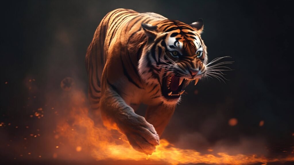 angry tiger roaring on fire