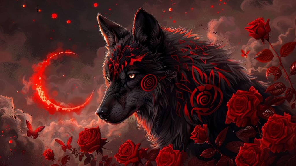 black wolf around red roses
