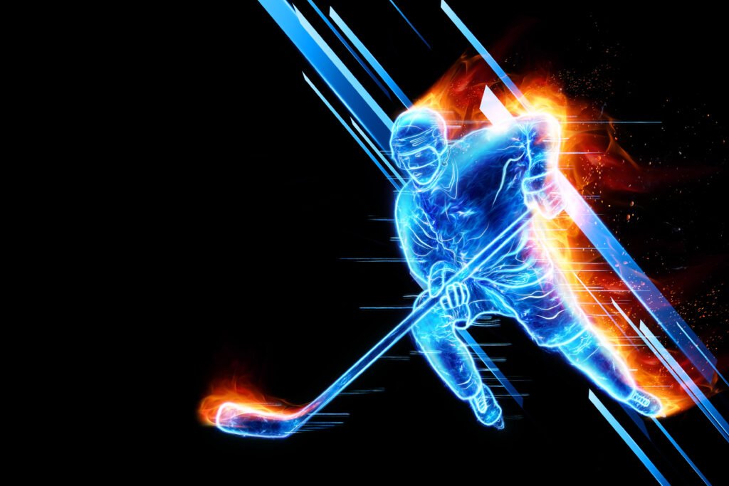 blue and orange hockey player on fire