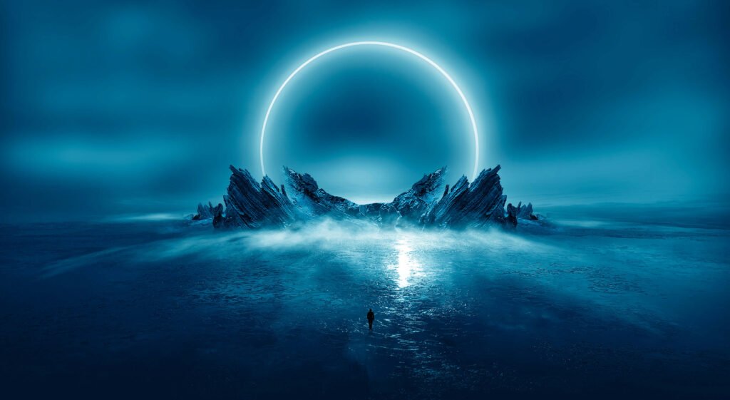 blue looking sea w neon circle
