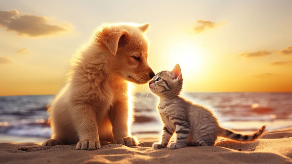dog and cat at beach