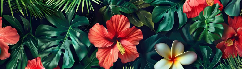 green leaves w pink hibiscus flowers