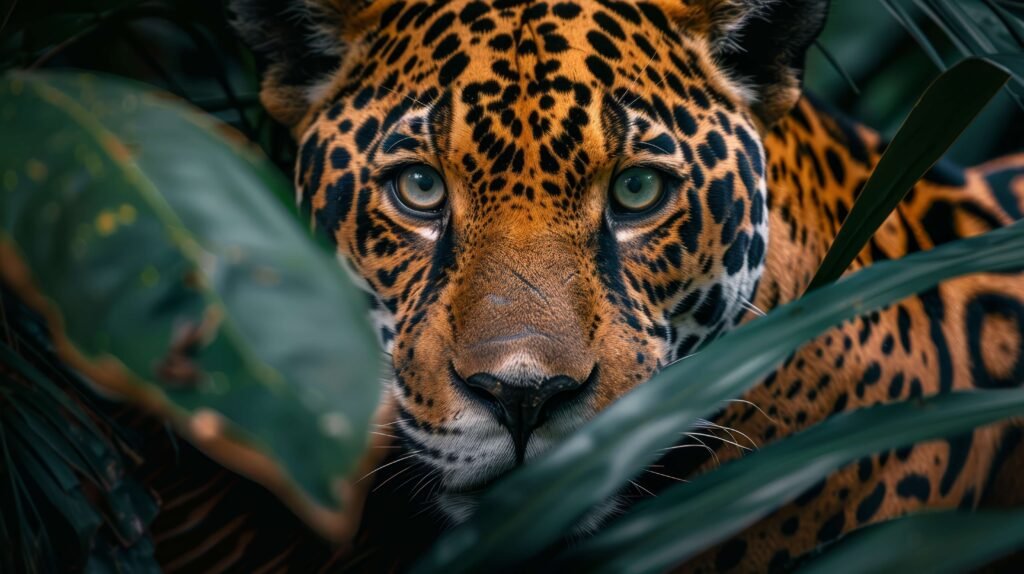leopard face between leaves
