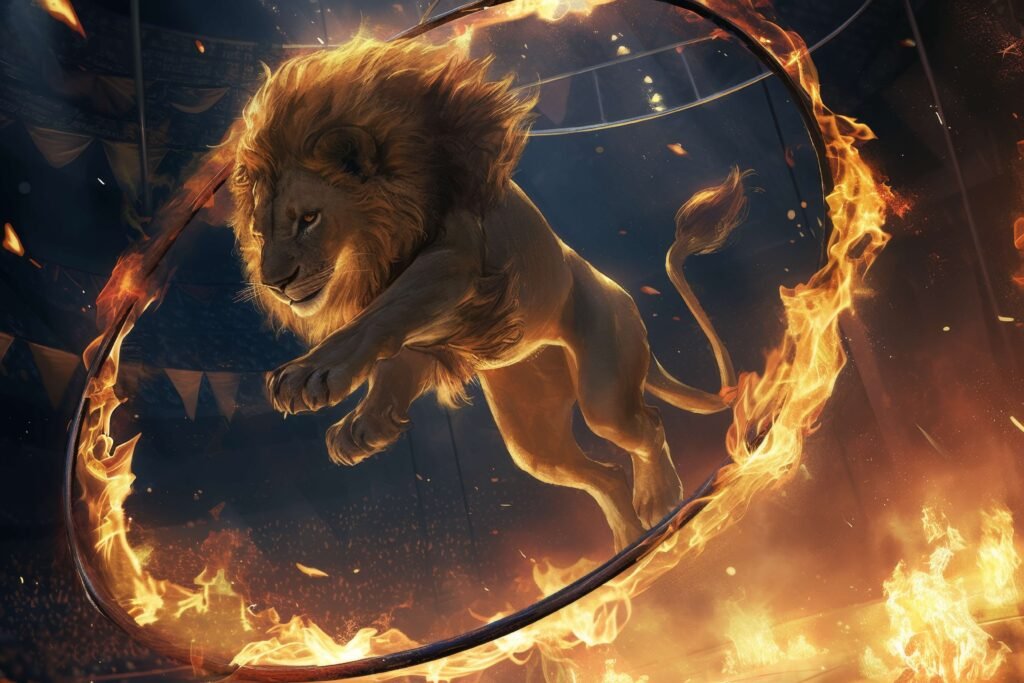 lion jumping in a circle of fire