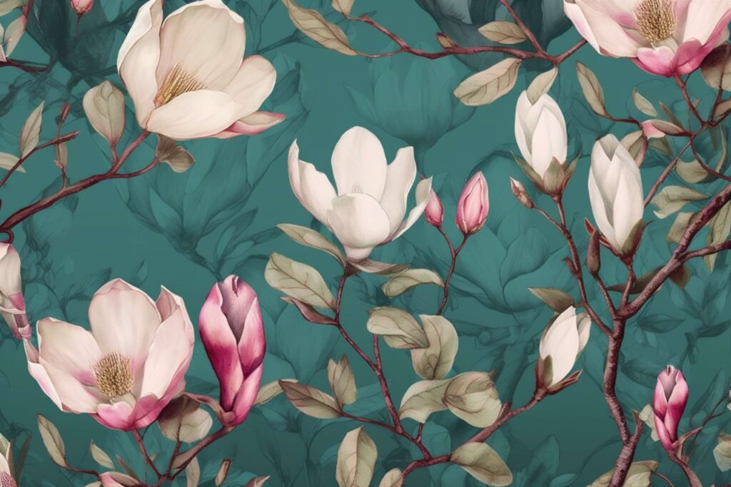 painted white&pink magnplia on teal bg