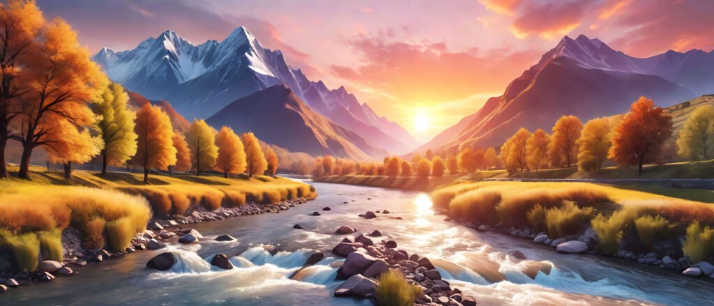 sunset over the river with mountains