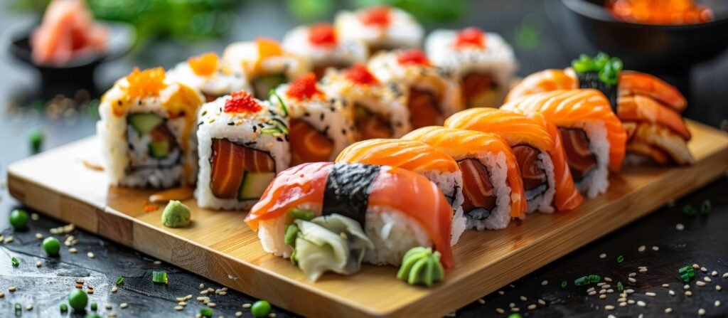sushis on wood board