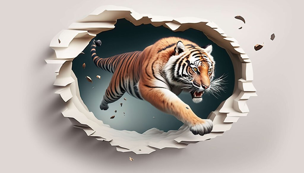 tiger jumping through a wall
