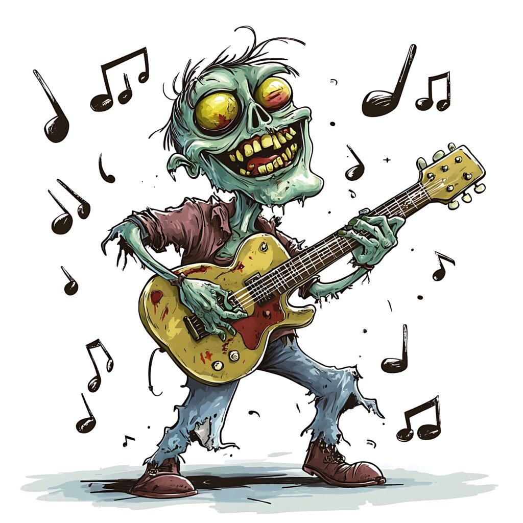 Goofy cartoon zombie playing a guitar