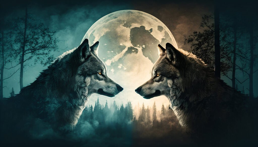 2 wolves in the moonlight