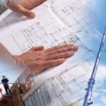 Impression de plans architecturaux - Plan architectural se fondant dans un bâtiment en construction