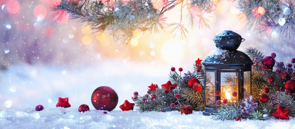 Christmas lantern on snow