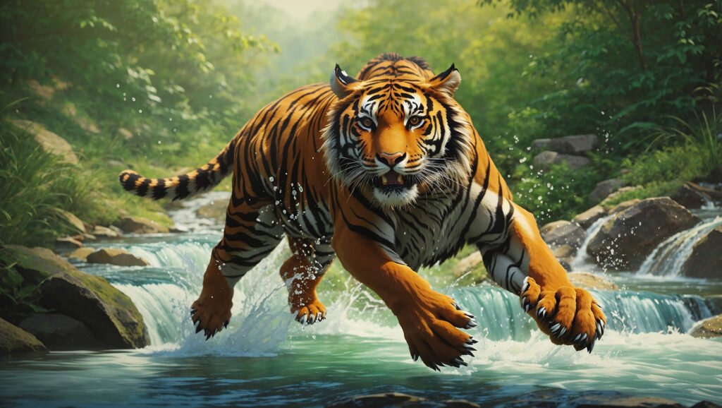 Jumping tiger on a river