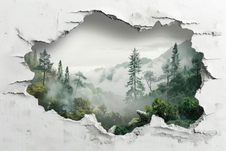 Trees view trough a wall hole