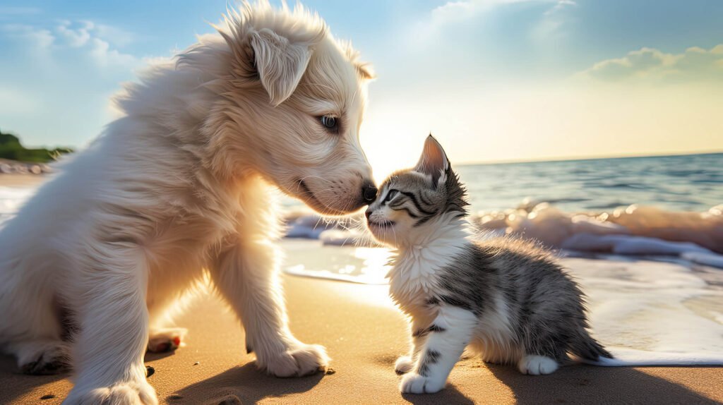 baby cat & dog at the beach