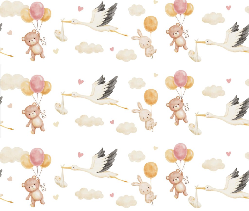 flying stork holding a baby