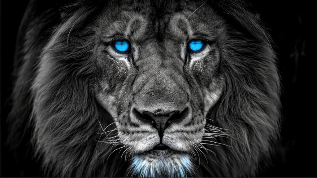 grey lion w blue eyes closeup