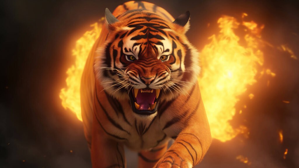 jumping tiger with fire