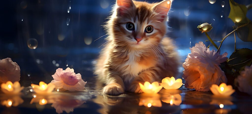 kitten around light flowers