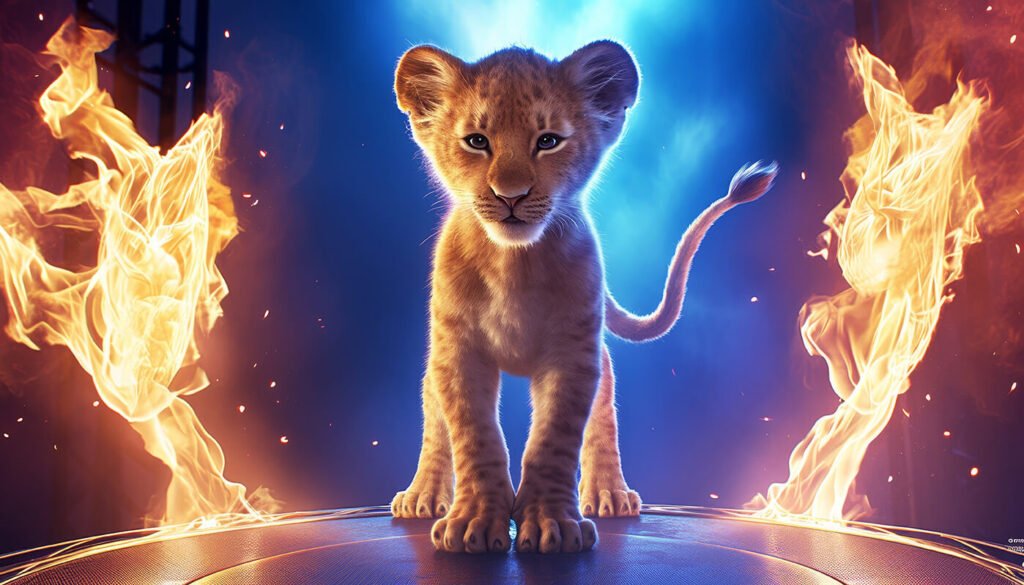 little cub between fire