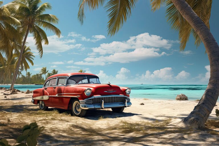 old car at the beach