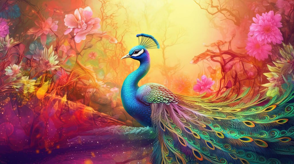 peacock in floral forest