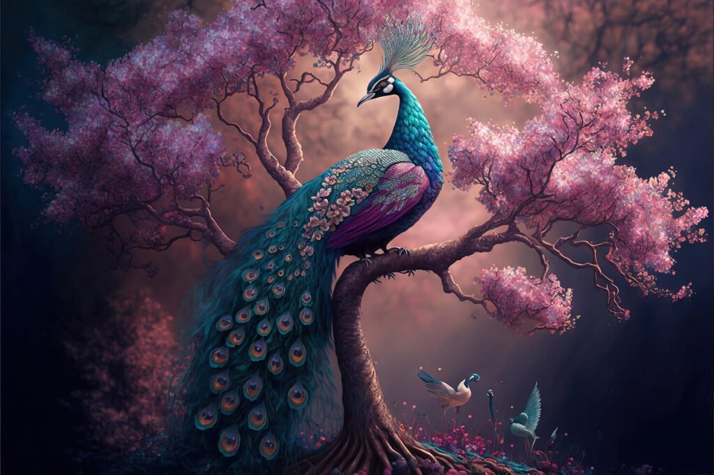 peacock on a pink tree