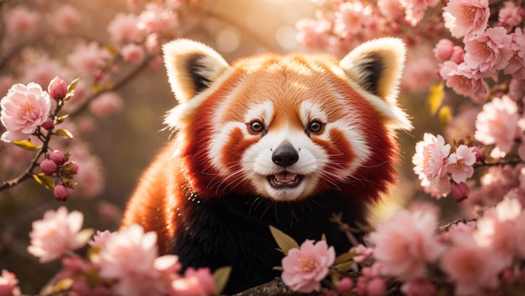 pink flowers around red panda