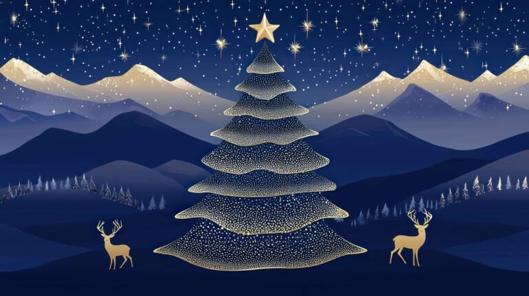 Christmas tree formed from golden lights, surrounded by glowing stars and deer, creating a festive holiday scene