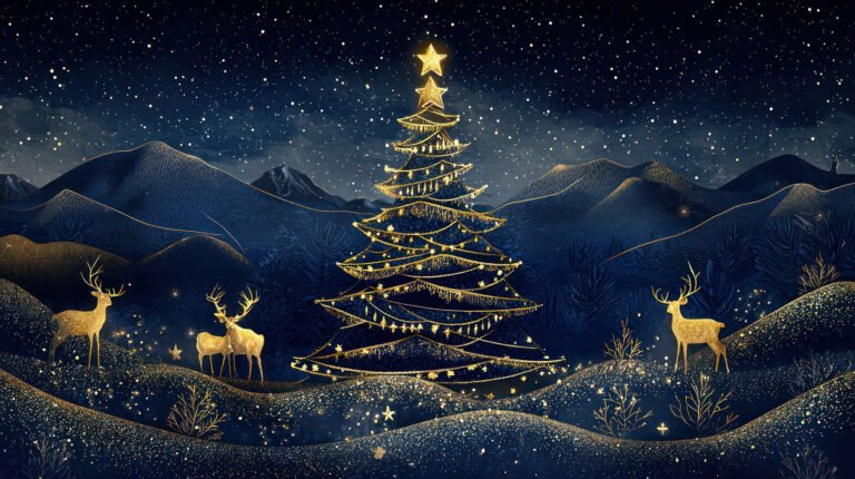 Mountain scene featuring a Christmas tree made of golden lights, surrounded by golden deer, creating a festive holiday atmosphere.