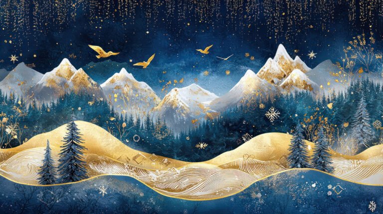 Golden-hued mountain surrounded by trees, evoking a festive Christmas atmosphere