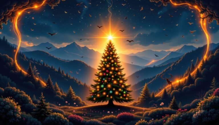 Outdoor Christmas tree decorated with lights, set against a mountainous landscape at night, surrounded by glowing lights and birds in flight.